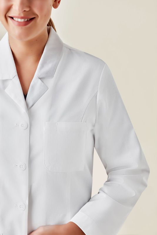 Women's long line white lab coat with tailored fit, multiple pockets, and Teflon® stain release treatment.