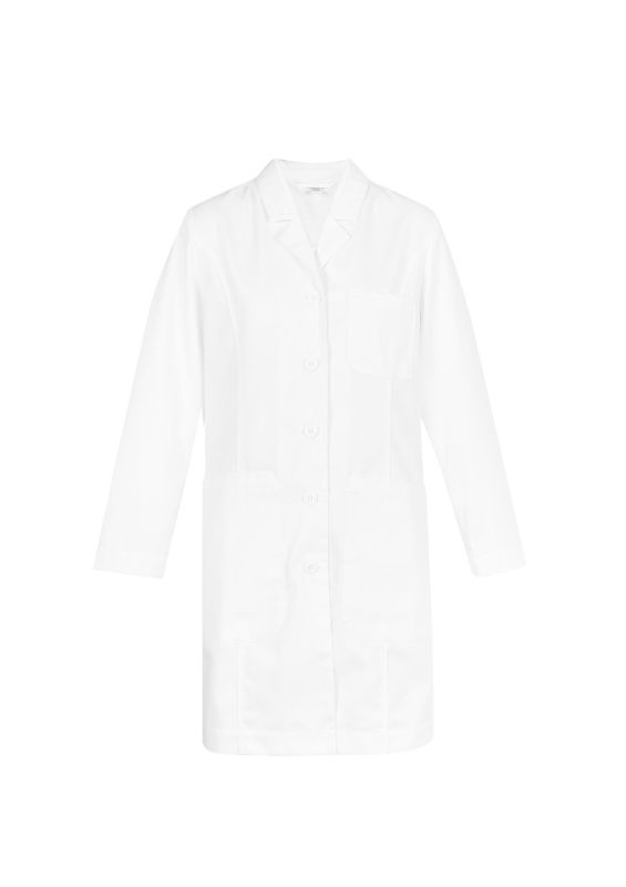 Women's Hope Long Line Lab Coat in white, XS, featuring a tailored fit, multiple pockets, and Teflon stain release treatment.