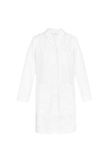 Women's Hope Long Line Lab Coat in white, XS, featuring a tailored fit, multiple pockets, and Teflon stain release treatment.