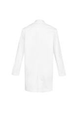 Men's white long line lab coat in XS with Teflon® Stain Release, multiple pockets, and modern tailored fit for professionals.