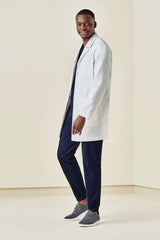 Men's Hope Long Line Lab Coat in white, size XS, featuring Teflon stain release, multiple pockets, and a tailored fit.