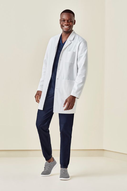 Men's Hope Long Line Lab Coat in White (XS) with tailored fit, multiple pockets, and Teflon stain release treatment for professionals.