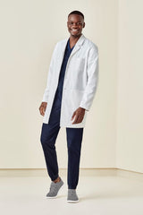 Men's white long line lab coat in small, featuring Teflon stain release, multiple pockets, and modern design for professionals.