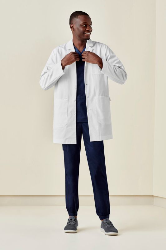 Men's Hope Long Line Lab Coat in white, size 3XL, featuring a modern fit, stain-resistant fabric, and multiple pockets for convenience.