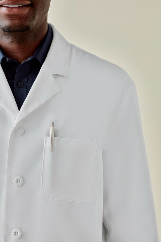 Men's Hope Long Line Lab Coat in White (XS) featuring a tailored fit, stain-resistant fabric, and convenient pockets for professionals.