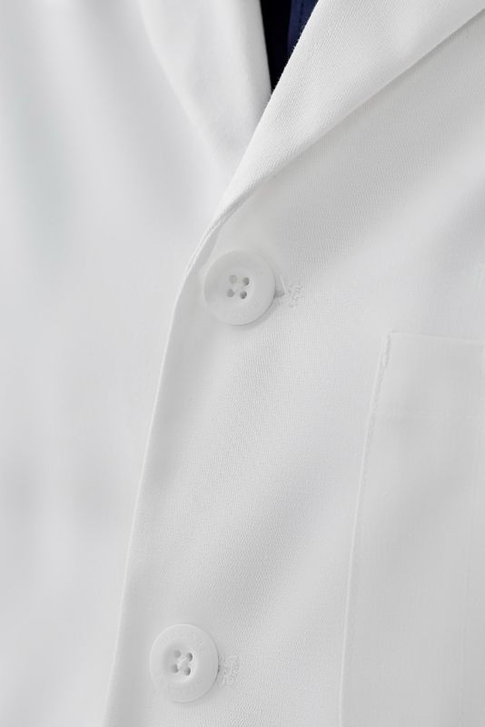 Men's White Hope Long Line Lab Coat (XS) featuring tailored fit, stain-resistant fabric, and multiple practical pockets.