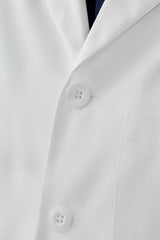 Men's white long line lab coat from Biz Collection, featuring multiple pockets and Teflon stain release for professionals.