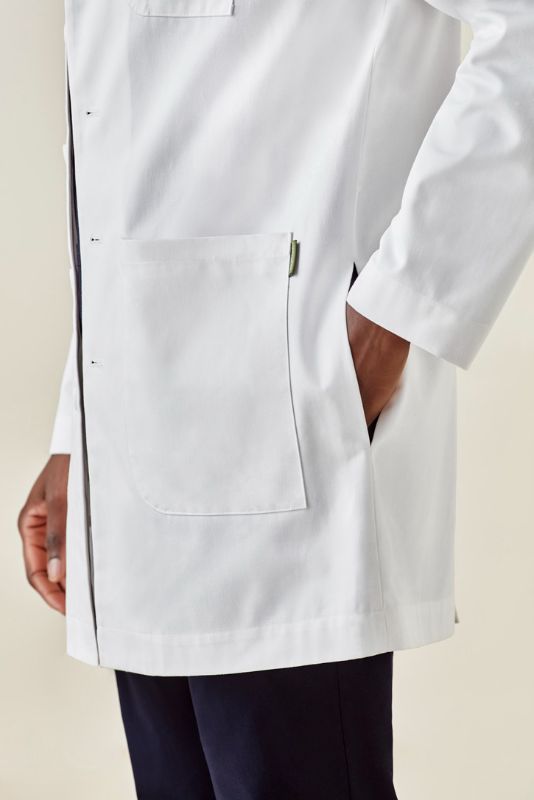 Men's Hope Long Line Lab Coat in white, XS; modern fit, soft fabric, Teflon stain release, multiple pockets, versatile design.