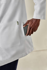 Men's white long line lab coat with tailored fit, multiple pockets, and headphone slot for professionals in healthcare and science.