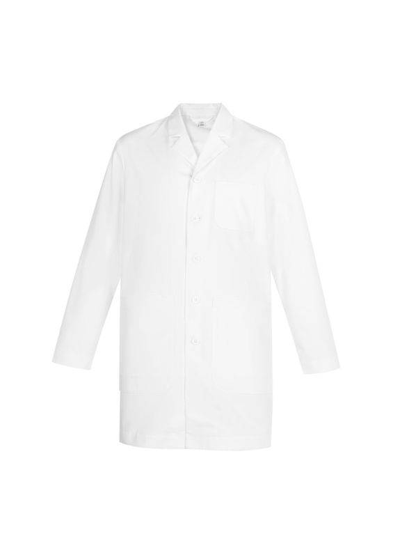 Men's Hope Long Line Lab Coat in white, XS size; features Teflon stain release, tailored fit, multiple pockets, and easy care.