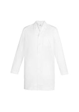 Men's Hope Long Line Lab Coat in white, XS size; features Teflon stain release, tailored fit, multiple pockets, and easy care.