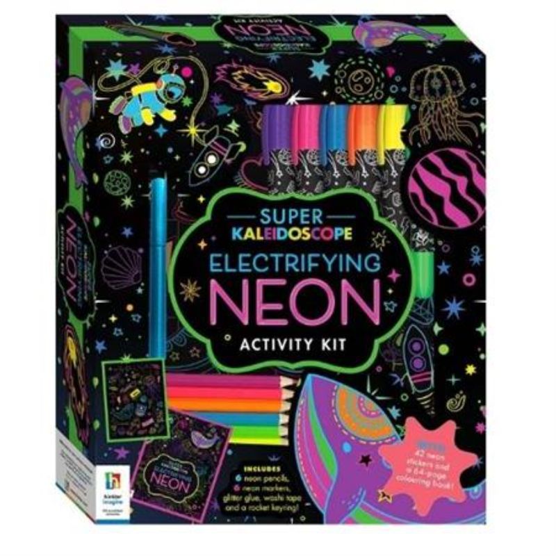 Vibrant activity kit with neon pencils, 64-page coloring book, and rocket keyring for creative fun.