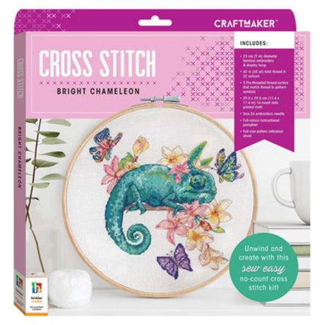 Vibrant cross-stitch kit featuring a colorful chameleon, complete with threads, hoop, and easy instructions for all skill levels.