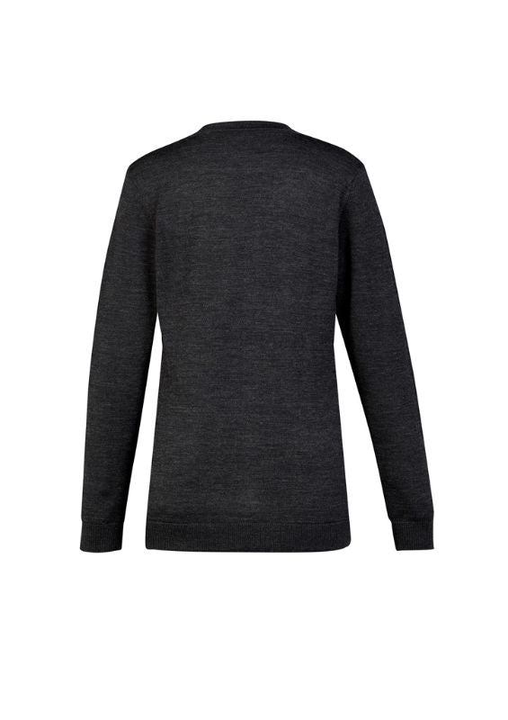 Stylish charcoal button-front cardigan for women, crafted from soft acrylic and merino wool, featuring pockets and longer hem.