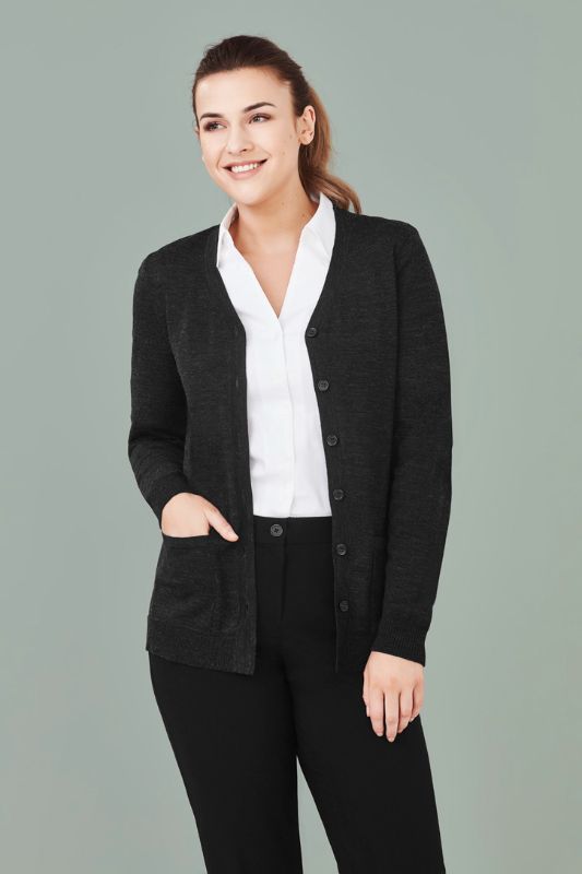 Women's Charcoal Button Front Cardigan in XXS, featuring a soft wool blend, two pockets, and a longer hem for added coverage.