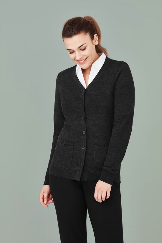 Women's Charcoal Button Front Cardigan in XXS featuring a soft wool blend, button closure, and two pockets for stylish layering.