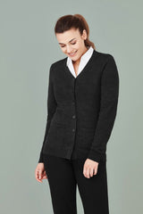 Women's 4XL button front cardigan in charcoal, featuring a longer hem, two pockets, and a soft 60% Acrylic, 40% Merino Wool blend.