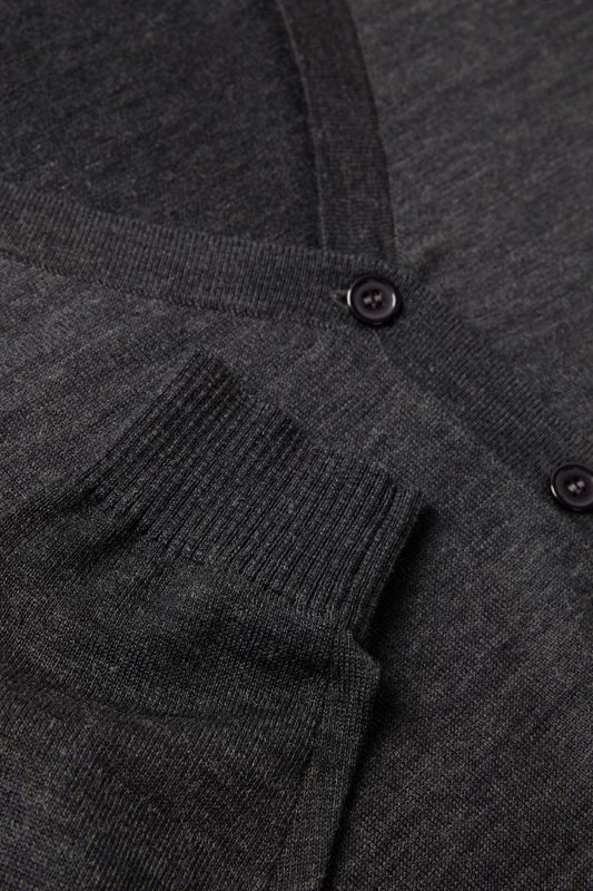 Women's Charcoal Button Front Cardigan in XXS, made from 60% Acrylic and 40% Merino Wool, featuring pockets and longer hem.