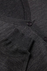 Women's 4XL Button Front Cardigan in Charcoal, featuring a longer hem, front pockets, and a soft acrylic-merino blend.