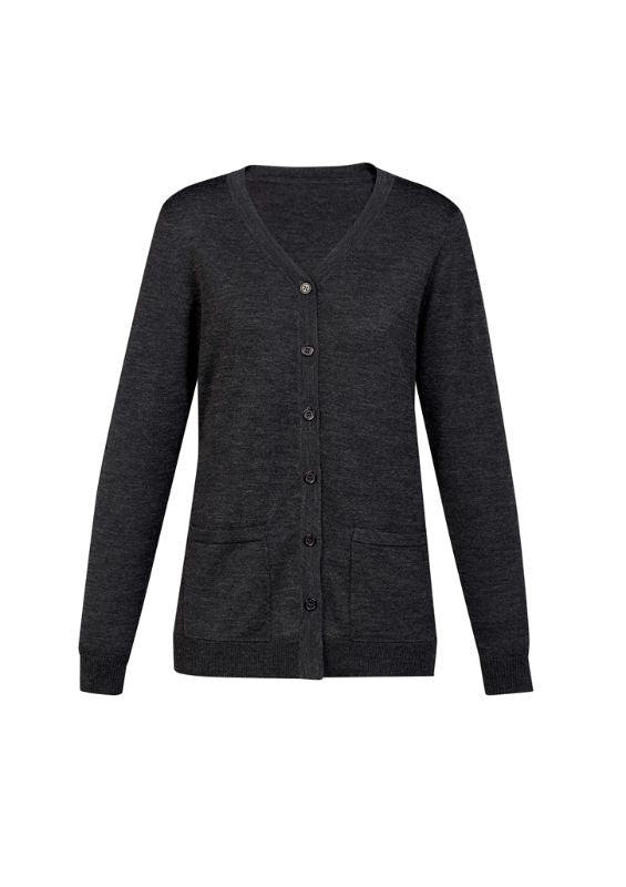 Women's charcoal button front cardigan in XXS, featuring pockets and a longer hem for warmth and stylish layering.