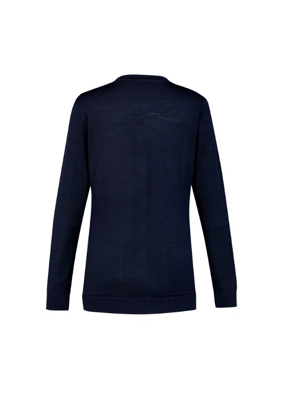 Women's navy button front cardigan in XXS, featuring a classic design, soft merino wool blend, and practical front pockets.