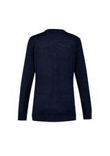 Navy Women's Button Front Cardigan in size 4XL, featuring a longer hem and two front pockets for comfort and style.