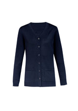 Navy Women's Button Front Cardigan in XXS with 2 pockets, soft merino wool blend, stylish for casual or professional wear.