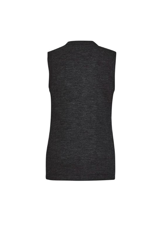 Stylish women's charcoal button front vest with two pockets, designed for warmth and versatility in size XXS.