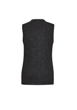 Women's charcoal button front vest with pockets, crafted from soft acrylic and merino wool for stylish layering and warmth.