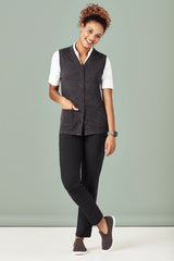 Women's charcoal button front vest in XXS, made from soft acrylic and merino wool, featuring two pockets and a longer hem.