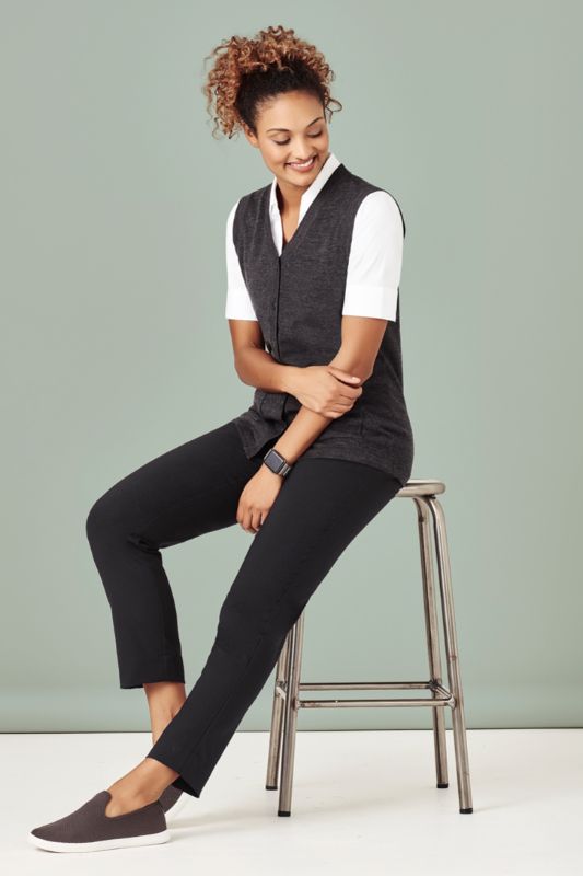 Women's charcoal button front vest from Biz Collection, size L, featuring soft merino wool blend, dual pockets, and longer hem for coverage.