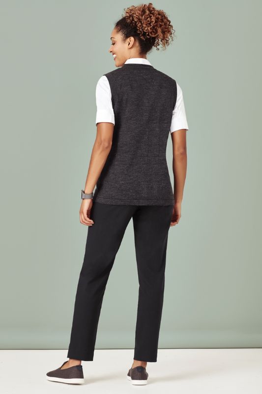 Women's 4XL Button Front Vest in Charcoal, featuring a chic button-up design, two front pockets, and soft, durable fabric.