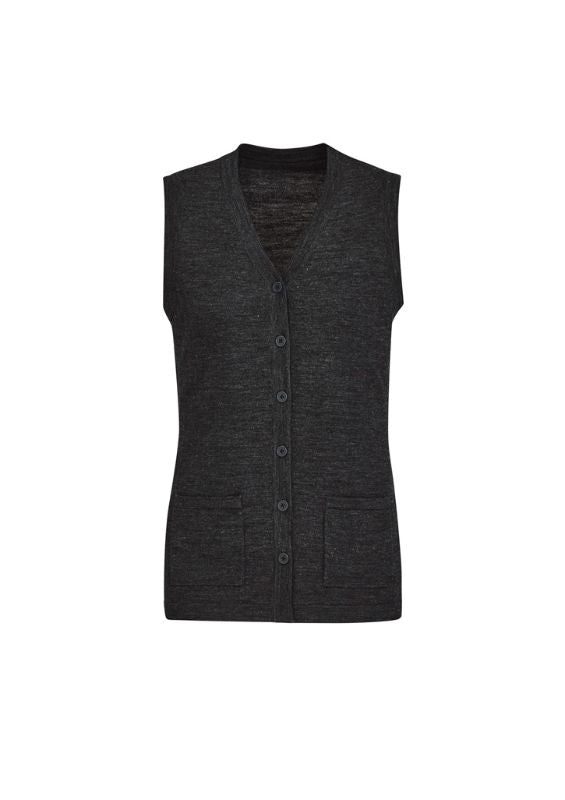 Women's charcoal button front vest from Biz Collection, featuring two pockets, a longer hem, and a cozy merino wool blend.