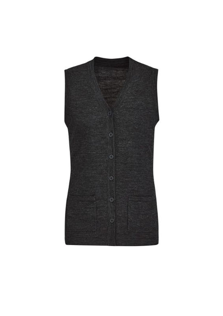 Womens charcoal button front vest in size XS, featuring pockets, longer hem, and made from soft acrylic-merino blend.