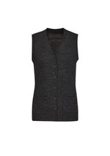 Women's charcoal button front vest, size L, featuring acrylic-merino blend, longer hem, and front pockets for stylish layering.