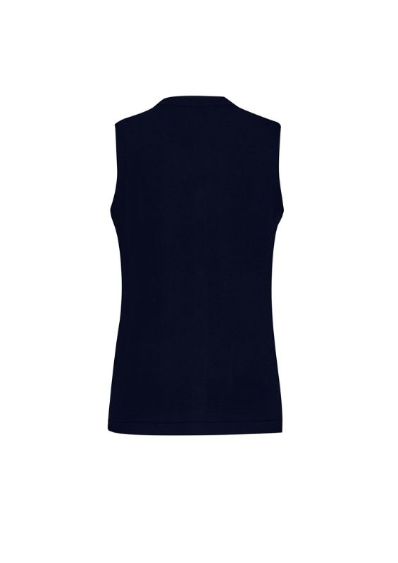 Navy women's button-front vest in XXS from Biz Collection, featuring practical pockets and a stylish longer hem.