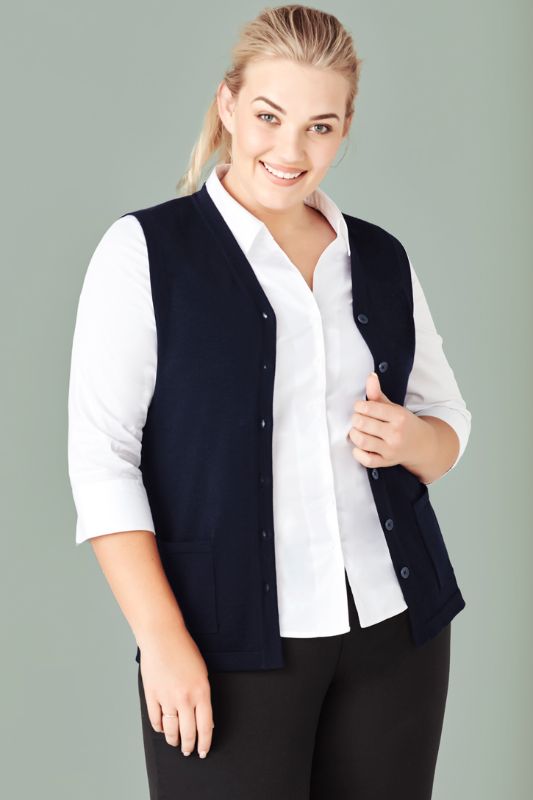 Navy Women's Button Front Vest in Size XXS featuring a chic design, two front pockets, and longer hem for added coverage.