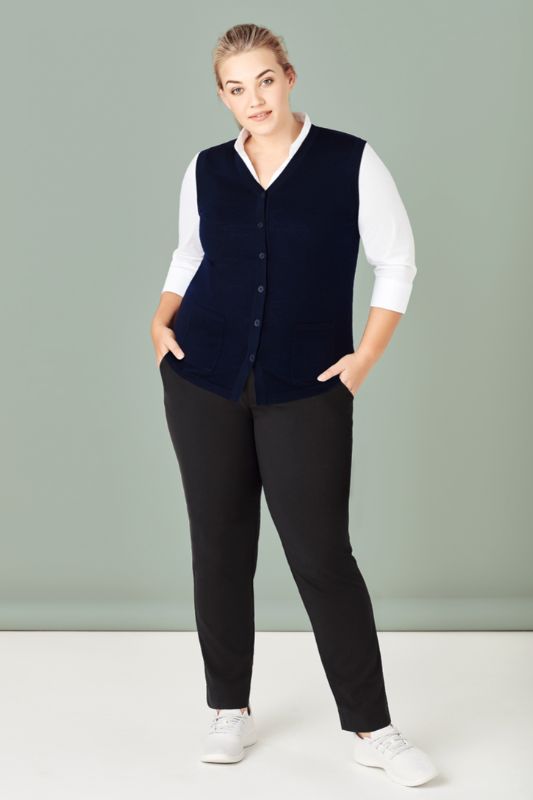 Women's navy button front vest from Biz Collection in size XXS, featuring pockets and a longer hem for added coverage.