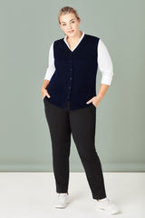 Navy women's button front vest in size XL, featuring classic buttons, two pockets, and a longer hem for added coverage.