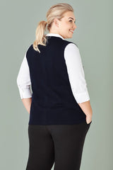 Women's Navy Button Front Vest (Size XXS) featuring pockets, longer hem, and luxurious wool blend for stylish warmth.