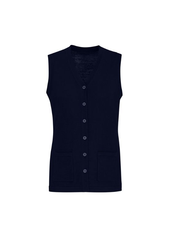 Navy button front vest for women, featuring two pockets, made of acrylic and merino wool, size XXS, perfect for work and casual wear.