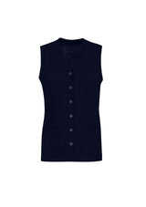 Navy women's button front vest from Biz Collection, featuring two pockets and made of a warm acrylic-merino blend in size XXS.