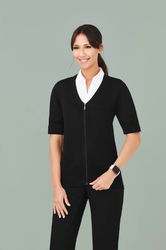 Women's black zip front cardigan in XXS, featuring short sleeves and a longer hem for stylish layering. Soft Merino blend fabric.