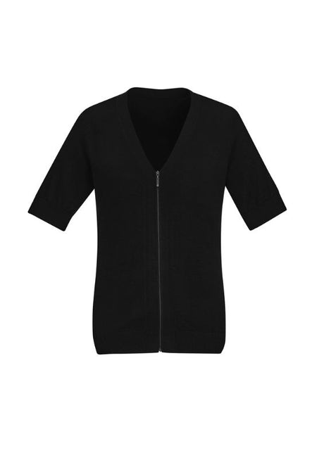 Black Women's Zip Front Short Sleeve Cardigan in size XXS, featuring a stylish longer hem and soft Merino wool blend.