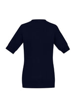 Navy short sleeve cardigan with zip front, crafted from acrylic and merino wool, offering style and warmth in XXS size.