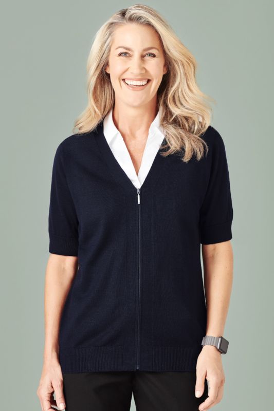 Short sleeve navy cardigan for women, XXS, featuring a zip front design and made from a warm, breathable wool blend.