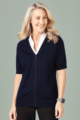 Womens navy zip front cardigan in size 4XL, featuring short sleeves and a long hem for extra coverage and stylish layering.