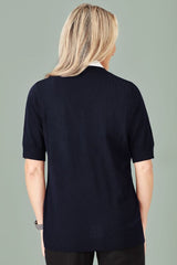 Navy women's short sleeve zip front cardigan in XXS, made from acrylic and merino wool for warmth and style.