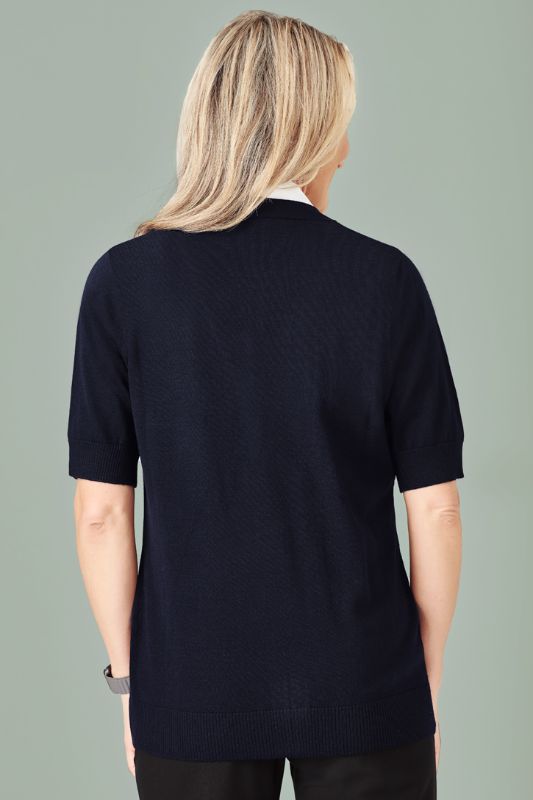 Navy women's zip front cardigan in size 4XL with short sleeves, long hem, and soft 60% acrylic, 40% merino wool fabric.