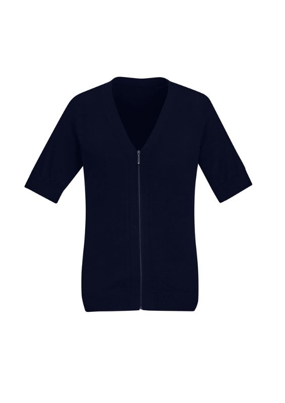 Women's navy zip front short sleeve cardigan in size XXS, featuring a durable design and longer hem for added coverage.